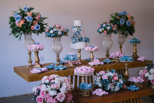 festa de casamento decora&ccedil;&atilde;o rosa e azul claro