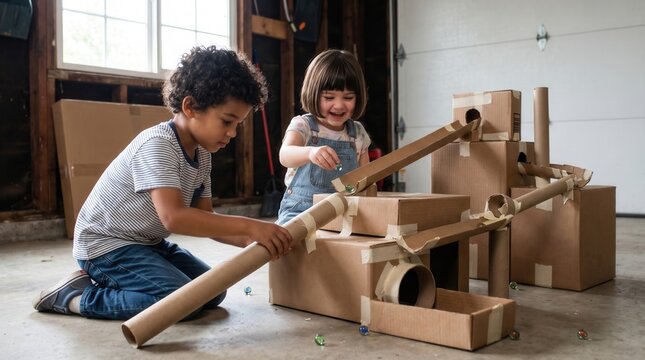 Two happy diverse kids building handmade cardboard marble run game playing together inside garage. Concept of cardboard track, stem activity, creative play. Copy space.