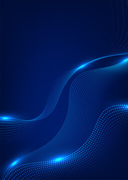 Blue technology background with flowing blue wave lines, dotted pattern and glowing light effects.