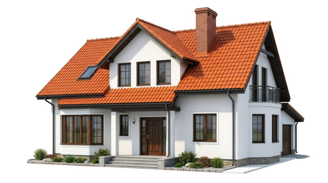 3D rendering of a classic European style house with red tiled roof