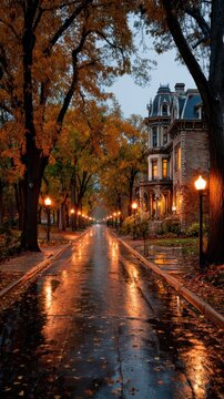 A wet autumn street glows with warm lamplight beneath golden trees and historic Victorian architecture. This picturesque rainy evening scene evokes.
