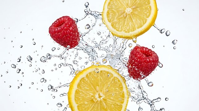 Fresh raspberries and lemon slices splashing in water on a white background