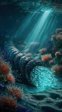 Underwater fiber optic cable resting on the seabed with glowing data streams. Conceptual background for global telecommunications and internet.