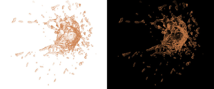 Liquid splash of brown coffee or chocolate, dynamic water burst isolated on white and black backgrounds, beverage design element