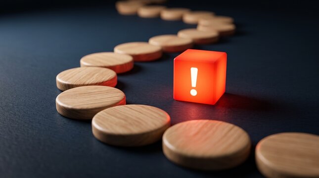 Glowing red warning cube with exclamation mark on a path of wooden tokens for business risk concept