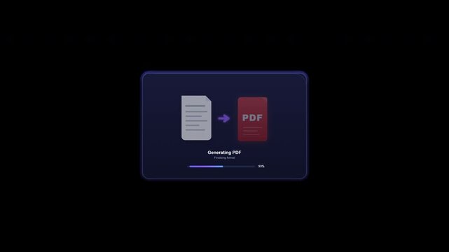 Modern SaaS PDF document export process animation with progress bar and success checkmark motion graphics