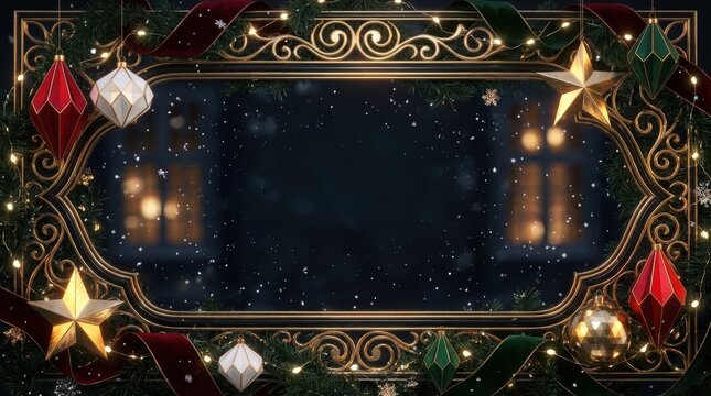 Elegant christmas frame with golden ornaments, pine branches, and glowing lights on a dark snowy background