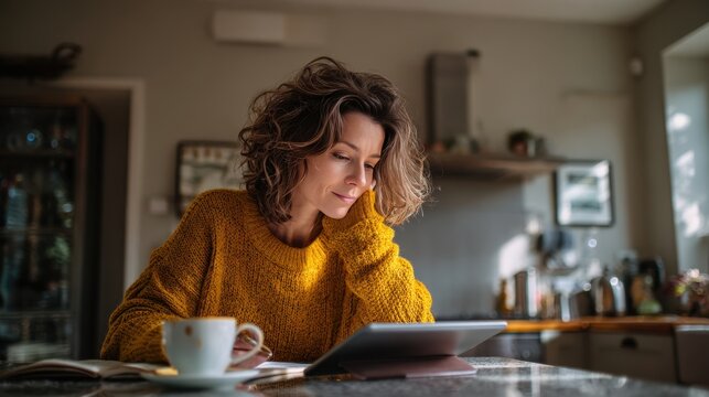 Woman in yellow sweater using tablet with coffee and notebook at home