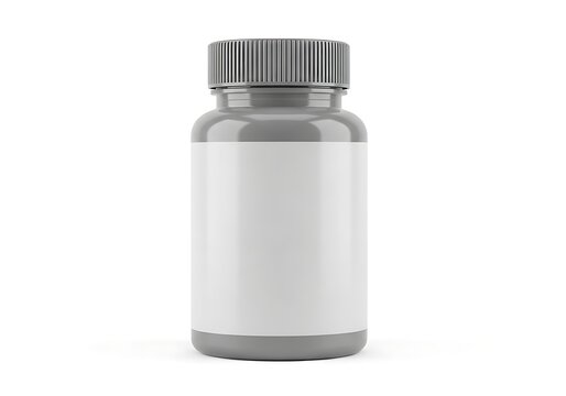 Grey plastic medicine pill bottle with a blank label for branding