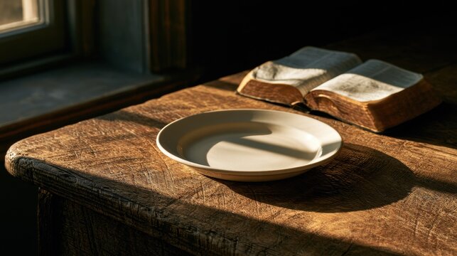 Empty plate beside a Bible: a quiet still life representing fasting and prayer