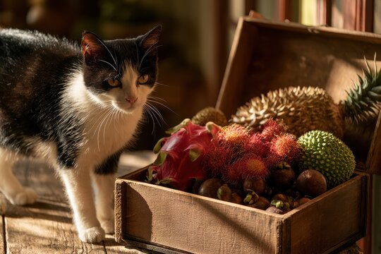 Monochrome feline guardian protecting a crate of colorful tropical fruits