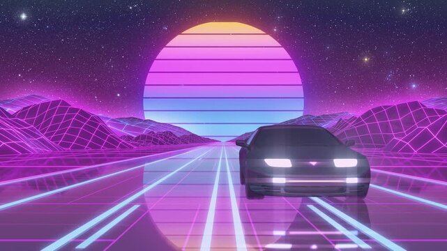 Synthwave Cyberpunk Retro Car - Front View - VJ Loop Neon Highway Driving at Sunset Motion Background