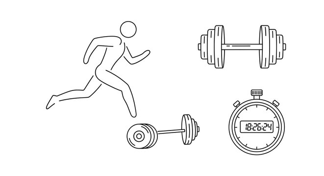 Hand drawn fitness set with running person dumbbells and digital stopwatch timer icon collection