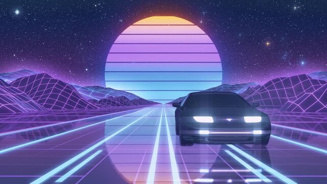 Purple Synthwave Cyberpunk Retro Car - Front View - VJ Loop Neon Highway Driving at Sunset Motion Background
