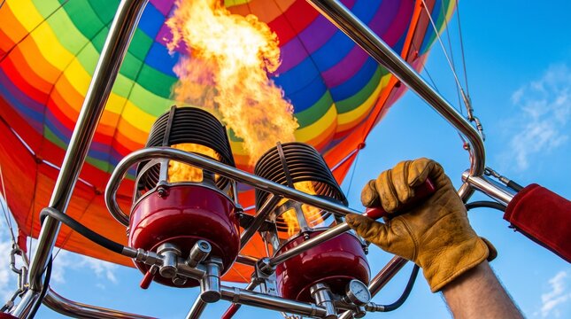 Pilot Operating Hot Air Balloon Burner System with Bright Flame for Lift during Aerial Travel
