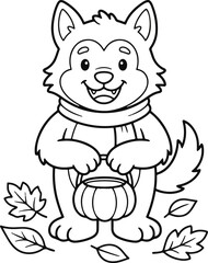 Fototapeta premium Cute cartoon wolf character holding a pumpkin bucket for a fun halloween trick or treat activity page
