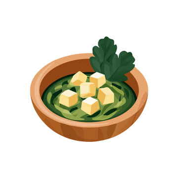 Saag Paneer, minimal flat 2D illustration with smooth shapes, isolated on a white background.