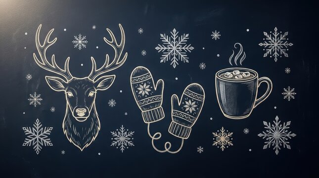 Chalkboard style winter holiday illustration with deer head, knitted mittens, and hot cocoa mug surrounded by snowflakes