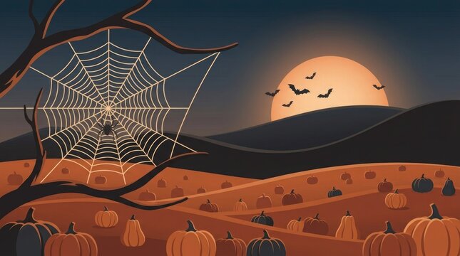 Halloween pumpkin patch field with spider web and bats under full moon