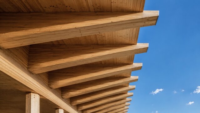 Dramatic Upward Perspective of Massive Cross Laminated Mass Timber Cantilever Roof