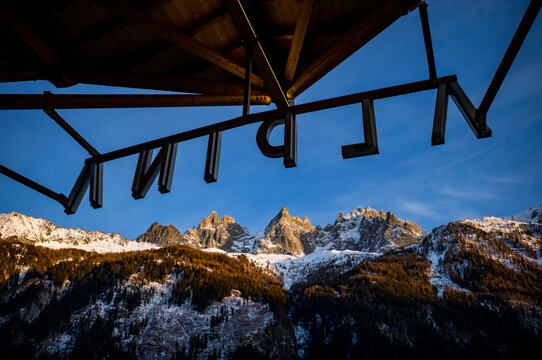 Sunset over the mountains around the ski town of Chamonix, France.