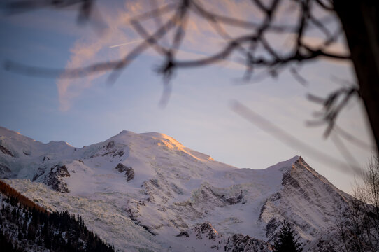 Sunset over the mountains around the ski town of Chamonix, France.