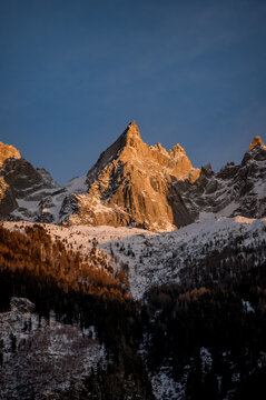 Sunset over the mountains around the ski town of Chamonix, France.