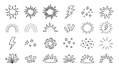 Hand drawn doodle starburst sparkle lightning flash explosion element set vector collection featuring outline comic bursting sunburst light energy graphic design © TARIF
