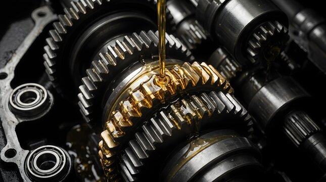 Close up of engine gears being lubricated with fresh motor oil in a workshop