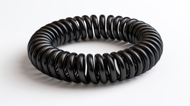 Black elastic coil hair tie isolated on white background, flexible and durable spiral band for securing hair or organizing cables with smooth glossy finish