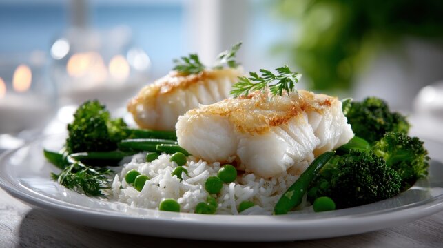 Pan-seared white fish fillets served on a bed of fluffy rice with fresh green peas, steamed broccoli, and green beans garnished with herbs on a white plate