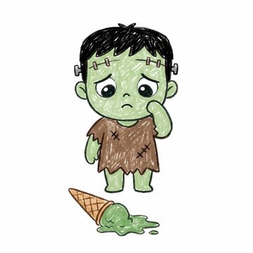 Cute baby frankenstein dropping green ice cream children book illustration crayon style isolated on white