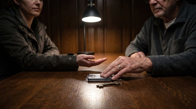 Mysterious handover of keys and documents during a tense meeting at a wooden table. Concept of interrogation, secret meeting, deal, detective, deal making. Copy space.