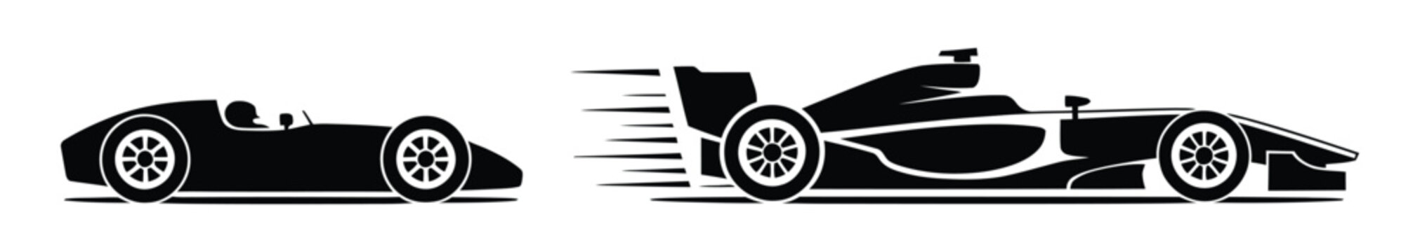 Formula one racing car silhouette vector icon set including vintage fast racecar and modern motorsport speed car design element on white background