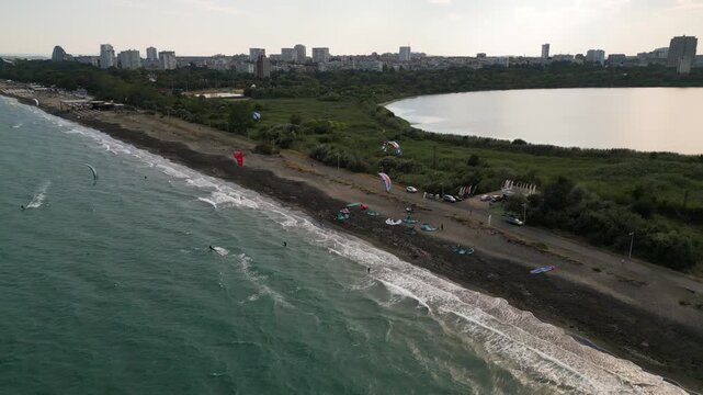 Aerial View of Burgas Kitesurfing Spot, Dark Sand Coast, and City Skyline