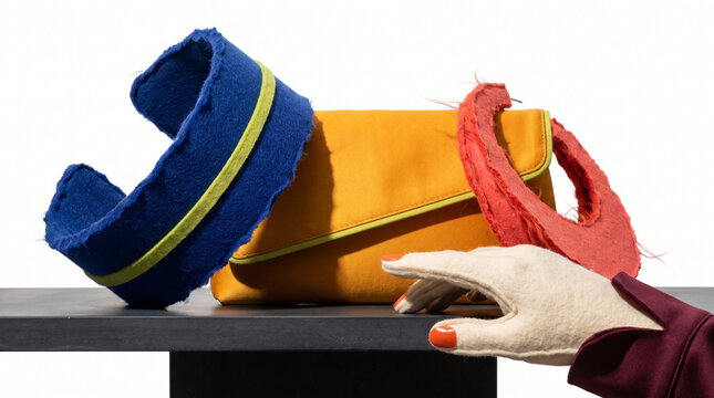 Colorful accessories displayed on a black table with a hand reaching  