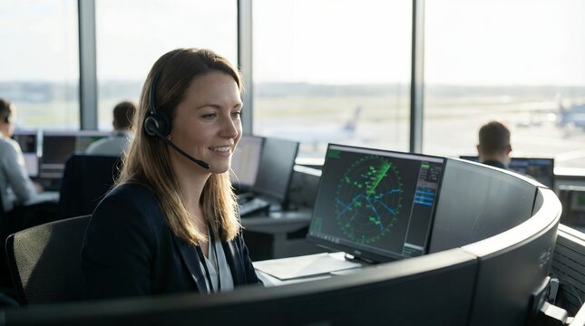 Professional female air traffic controller wearing a headset and monitoring radar screens in an airport control tower, managing flight operations and aviation safety