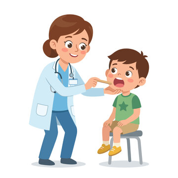 Doctor checking throat with tongue depressor on young boy in clinic  