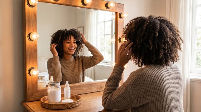 A smiling young woman looks in a lit vanity mirror while touching her curly hair. Warm intimate lighting creates a cozy self care atmosphere. Perfect for beauty and wellness content.