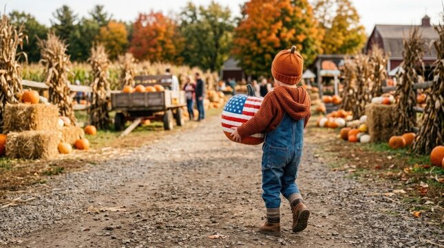 Child carrying american flag painted pumpkin at autumn pumpkin patch