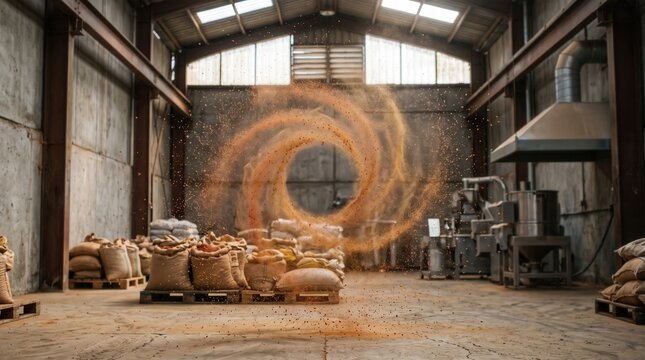 Swirling powder vortex in spice factory warehouse with sacks and industrial equipment. Concept of warehouse interior, industrial food.