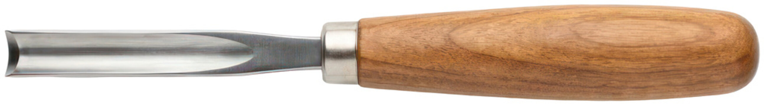 Woodworking lathe gouge chisel with ergonomic wooden handle.