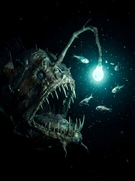 Deep-sea anglerfish with glowing bioluminescent lure hunting small fish in dark underwater ocean abyss, predatory marine life and deep ocean nature concept
