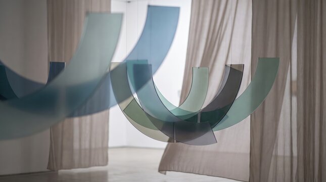 Modern Glass Sculpture Hanging in Abstract Art Gallery Interior with Minimalist Design. Concept of art installation.