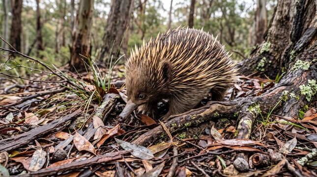 Wild echidna foraging on forest floor among dry leaves and eucalyptus tree roots in native Australian woodland habitat. Concept of short beaked echidna, australian wildlife, native animals.