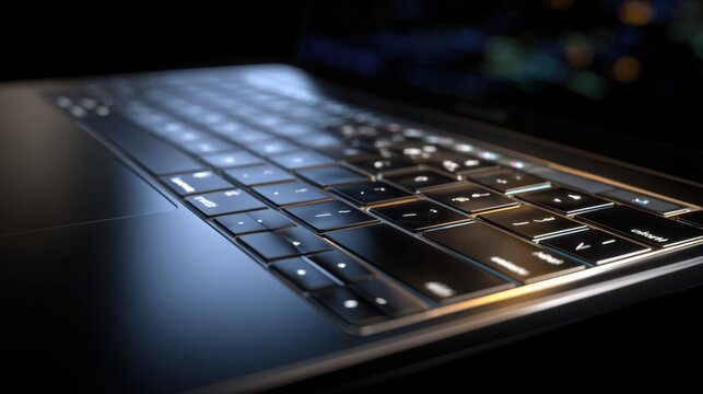 Sleek illuminated modern laptop keyboard in low light showcasing contemporary technology and elegant design details with shallow depth of field angle view