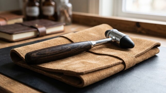 Reflex hammer with wooden handle lying on suede leather pouch on vintage doctor desk. Concept of reflex hammer medical, neurology instrument. Copy space.
