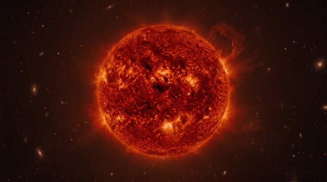 Glowing red giant star burning in deep space with solar flares and distant galaxies. Concept of sun. Copy space.