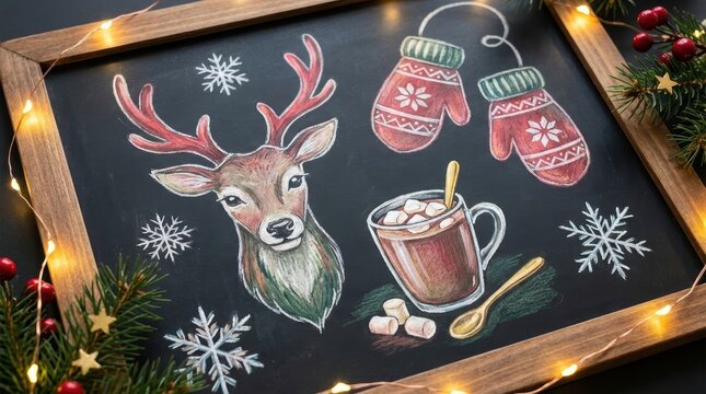 Christmas chalkboard drawing with a deer, mittens, and hot cocoa with marshmallows