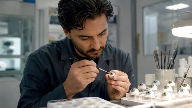 Ocularist Painting Prosthetic Eye Crafting Custom Artificial Eyeball in Laboratory Workshop. Concept of ocular, prosthetist, ocular prosthetics.
